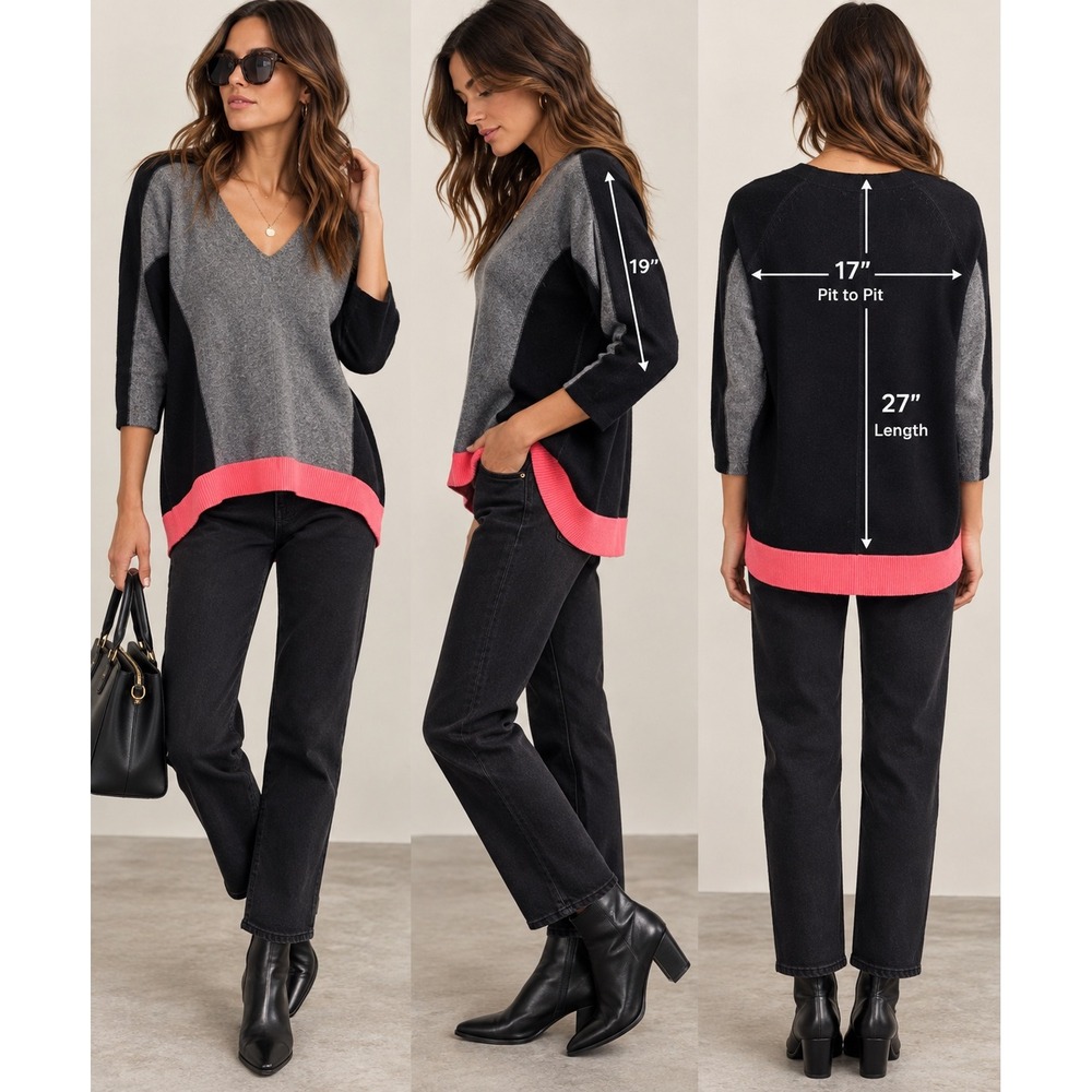 100% Cashmere Colorblock Sweater AQUA V Neck Black Gray Pink Quiet Luxury S